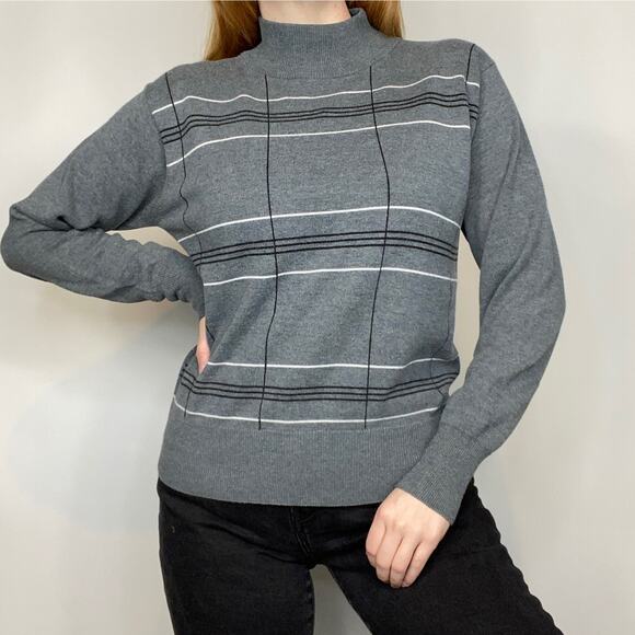 Vintage Y2K Dressbarn Large Gray & White Plaid Stripe Mockneck Sweater - Picture 5 of 11